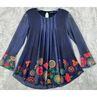 Desigual Blouse Small Floral Rhinestone Cottage Art To Wear Pleated Tunic Boho