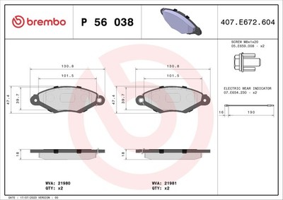 P 56 038 BREMBO Bremsbelagsatz, Scheibenbremse für NISSAN,RENAULT