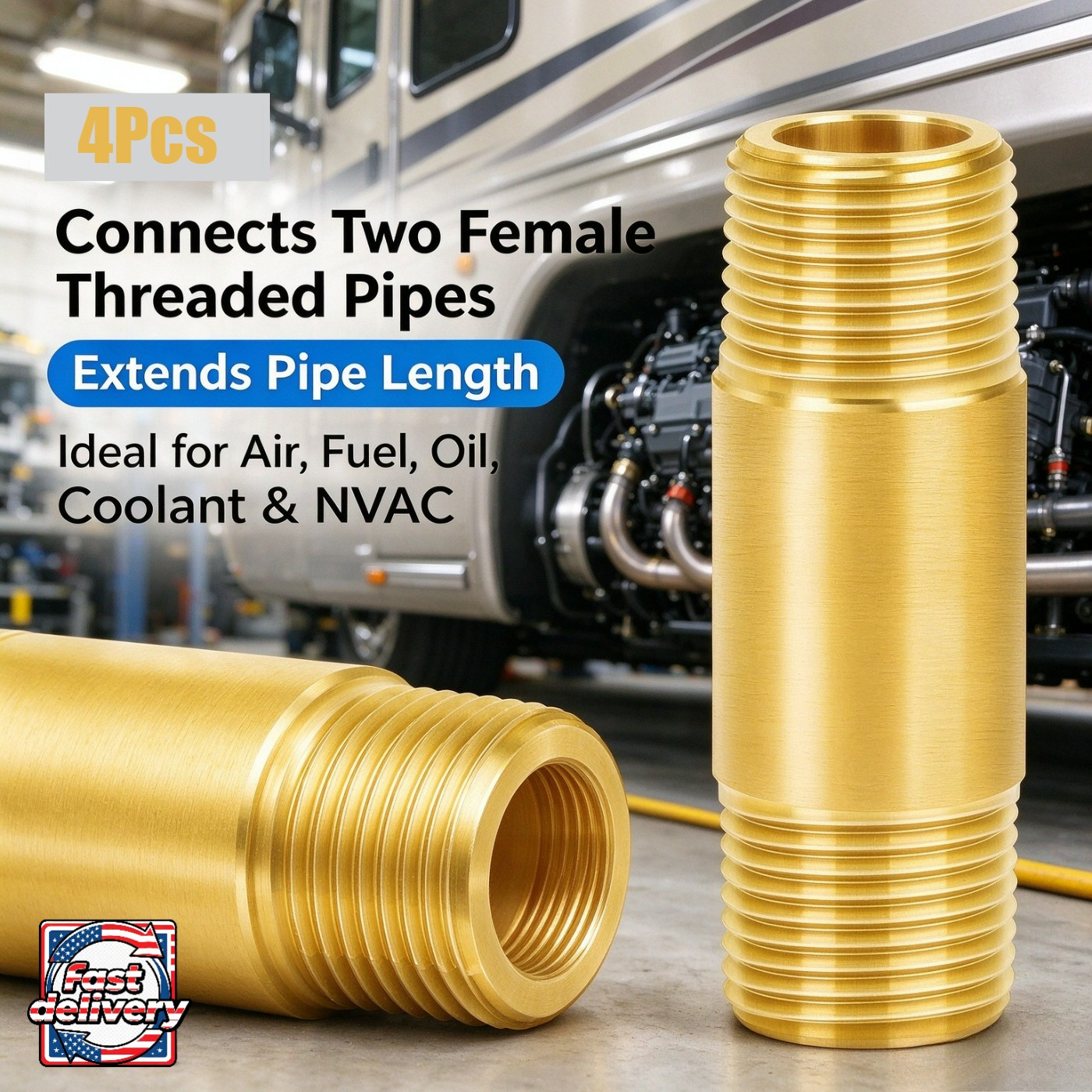 Brass Pipe Fitting, 4Pcs Long Nipple 1/4" NPT Male x 1/4" NPT Male, 1-1/2" 1000p