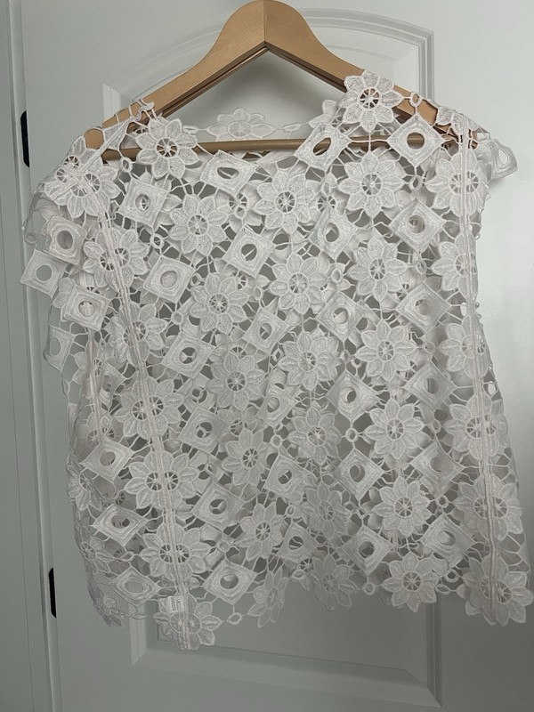 Women’s White Floral Lace Sheer Round Neck Short Sleeve Pullover Blouse L