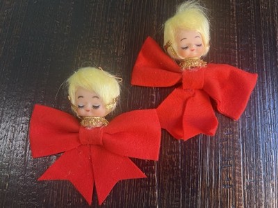 Vintage Retro Pixie Angel Girl Red Bow Christmas Ornaments Japan Lot of 2