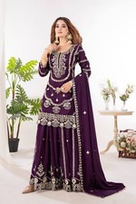 Fashionable Pure Chinnon Palazzo Suit With Wine Dupatta For Engagement Wear
