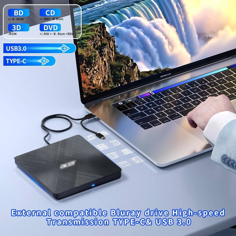 External CD DVD Drive USB 3.0 Writer Burner Player for PC Laptop Windows 11 10 - Image 2 of 4