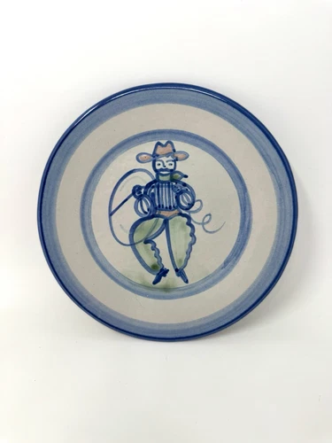 Vintage MA Hadley Pottery Stoneware Cowboy Farmer Lasso 7.5” Salad Plate RARE