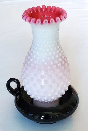 Fenton Peach Blow Hobnail Hurricane Black Onyx Finger Loop Candleholder HTF