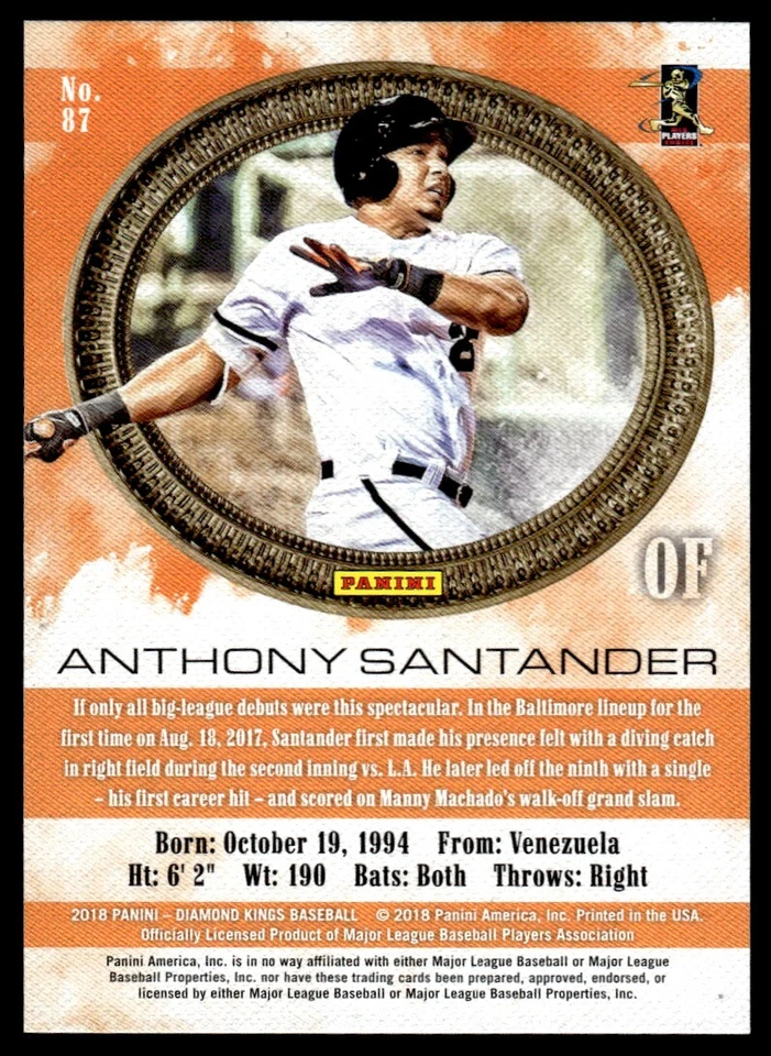 2018 Panini Diamond Kings Anthony Santander Rookie Baltimore Orioles #87 R18 - Image 2 of 2