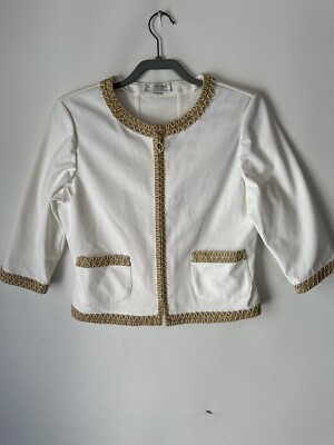 ST. JOHN Sport By Marie Gray Cream Jute Braid Trim Full Zip Jacket Size Small