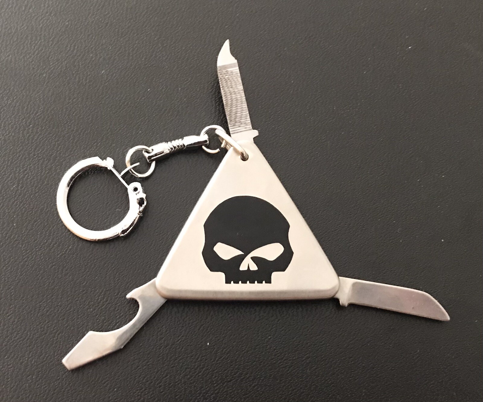 HARLEY WILLIE G SKULL KNIFE BOTTLE OPENER NAIL FILE SCREWDRIVER METAL