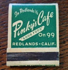 Vintage Matchbook: Pinky's Cafe, Redlands, CA