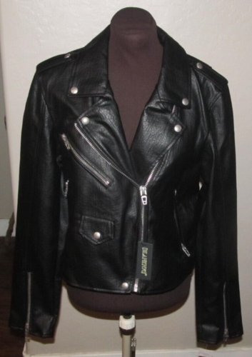 Damen BlankNYC schwarz Kunstleder Motorradjacke kurz geschnitten Reißverschluss Ärmel XL Neu - Bild 1 von 8