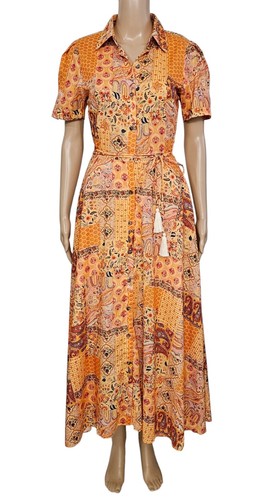 CHARINA SARTE NWT $388 Orange Patchwork Belted Short Sleeve Midi Shirt Sress M