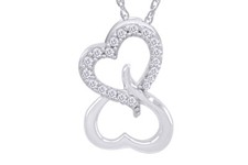10K White Gold Open Heart 1/7ct Diamond Double Love Pendant Necklace 18" Chain