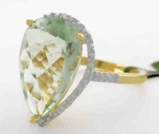 GENUINE 7.29 Cts GREEN AMETHYST & DIAMOND RING 10K GOLD - Free Certificate - NWT