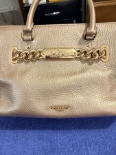 Coach Gold Pebbled Leather Satchel Top Handle Double Handles Chain Logo Hardware