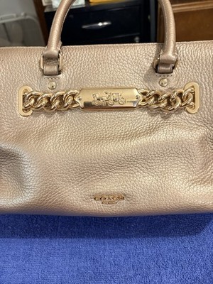 Coach Gold Pebbled Leather Satchel Top Handle Double Handles Chain Logo Hardware