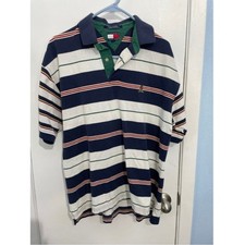 VTG Y2K Tommy Hilfiger Polo Shirt Large Navy Green Striped Preppy Academia