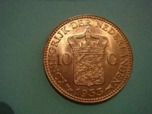 Gorgeous UNC 1933 Netherlands Gold 10 Gulden Queen Wilhelmina