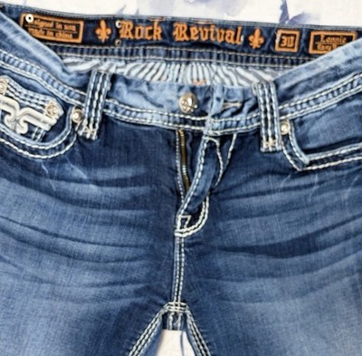 VTG ROCK REVIVAL LowRise Bootcut MedWash Blue Denim Embellished Jeans W30 Y2K