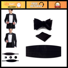 Men's 100% Silk Cummerbund Set with Bow Tie & Handkerchief - Black Tuxedo Access