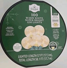 Holiday Time 100 ct LED Super Bright WARM WHITE G30 Lights Reel 57 Ft NEW