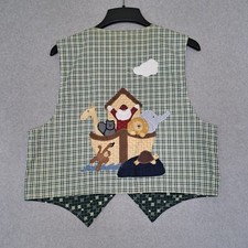 Vintage Handmade Reversible Vest Noah's Ark 90s Animals 40 Days Plaid Green