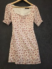Nasty Gal Dress Womens 2 White Floral Square Puff Sleeve Mini Tie Front Sundress