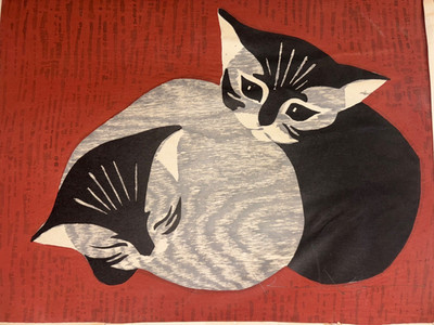  oriningal signture in pencil Kaoru Kawano (1916 1965) two kittens