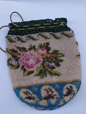 Victorian Antique Vintage Microbead Beaded Floral Drawstring Purse