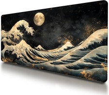 Large Japanese Black and Gold Gaming Mouse Pad, Sea Waves, Premium Non-Slip A...