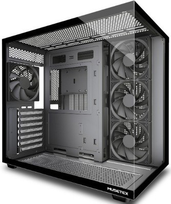 ATX Mid Tower PC Gehäuse mit 4 Non-LED Lüftern, Typ-C, 270° Glas, Schwarz