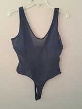 Black Bodysuit Ruched Lined Bust Super Stretch Snap Crotch Minimalist Tank Sz M