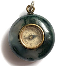 Antique Pocket Watch Fob Green Moss Agate W Compass Victorian Era