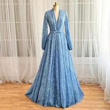 Lace Evening Dress Custom VNeck LongSleeves Sweep Train Wedding Party Gown Woman