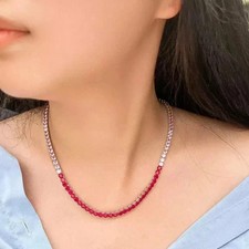 Round Cut Lab Created Ruby  Pink Sapphire Tennis Necklace 14K White Gold Finish