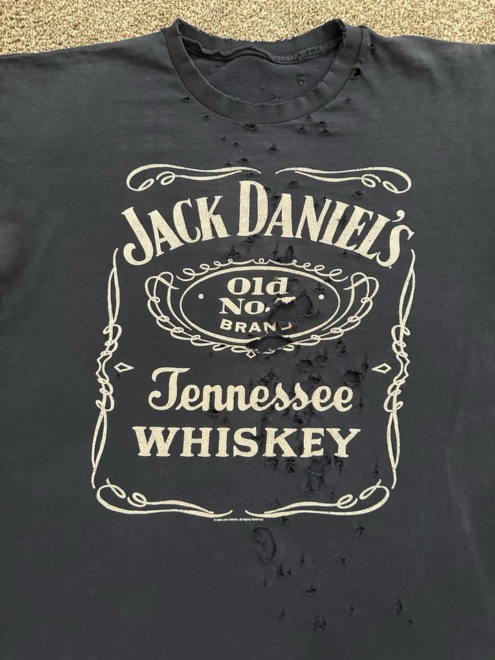 VTG Thin Distressed Thrashed T-Shirt XL Destroyed Black Grunge Holes Jack Daniel - Image 3 of 4