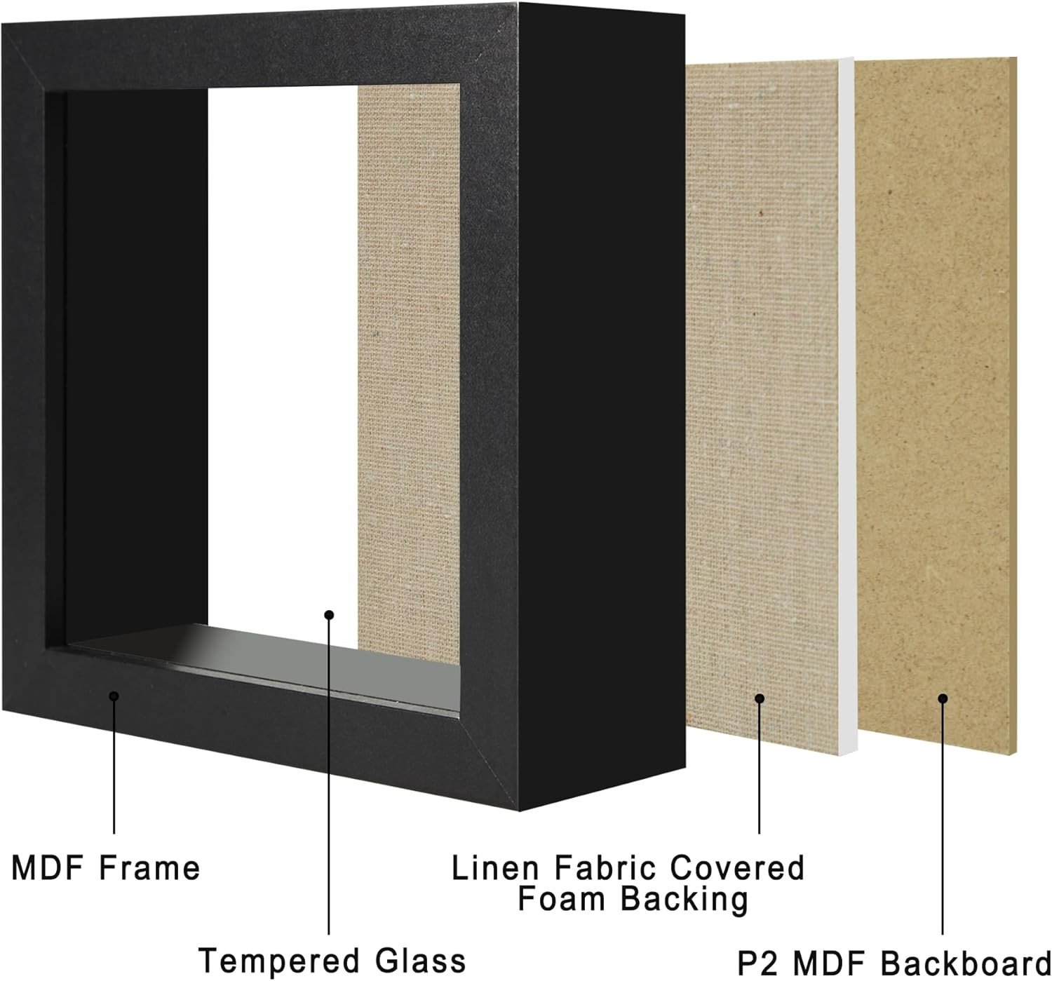 5X5 Small Shadow Box Picture Frame Display Case with Soft Linen Back, Black Wood