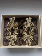 Set of 4 L'OBJET 14K Gold Plated Swarovski Crystal Bow Ribbon Napkin Ring Holder