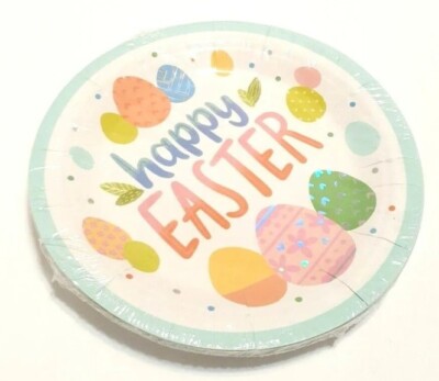 10ct Spritz Happy Easter Egg Color Rainbow Shiny Polka Dot Paper Snack Plates 7''