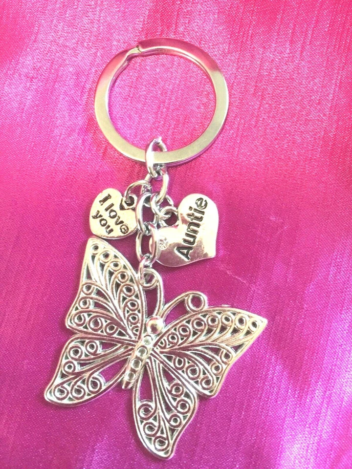LIZZIELINKS Auntie Heart With Butterfly Keyring Bag Charm with Organza Gift Bag FREEPOST