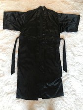 Vtg Frederick's Of Hollywood Long Black Satin Robe Size Small S Belted Pockets