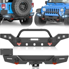 Rear /Full Width Front Bumper for 2007-2018 Jeep Wrangler JKU JK w/ LED Lights