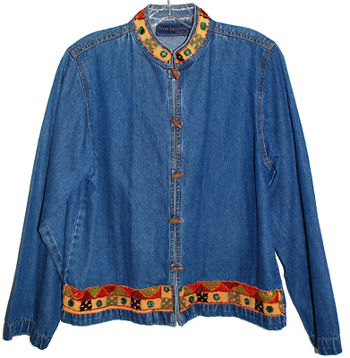 New Identity Blue Cotton Denim Womens Jacket w/ Embroidery & Mirrors Trim Sz PM