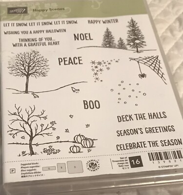 STAMPIN UP HAPPY SCENES Stamp Set of 16 Noel Peace Boo Snow Winter Snow ...