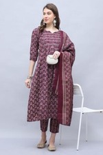 Women Wine Cotton Kurta With Pant  Dupatta ,Plus Size Salwar Kameez, Long Dress