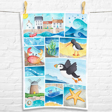 Seaside Tea Towel - Puffin, Seagull, Boat. Coastal Beach Nautical Kitchen Decor