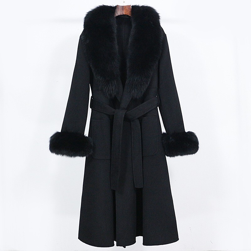 Womens Real Fox Fur Collar Cashmere Long Trench Coat Double Sided