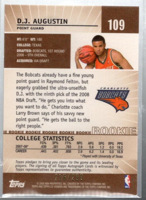A6383- 2008-09 Topps Co-Signers Bronze #109 D.J. Augustin /299 - NM-MT - Image 2 of 2