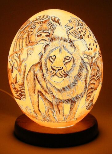 Ostrich Lamp Big Five Lion Ostrich Egg Hand Engraved from South Africa #862 - Picture 1 of 4