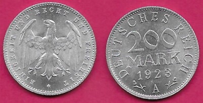 GERMANY WEIMAR 200 MARK 1923-A UNC 1 YEAR TYPE,LARGE EAGLE,DENOMINATION ABOVE DA