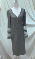  Grey Shimmery Long Sleeve V Neck Midi Dress sheer sleeve detail size large